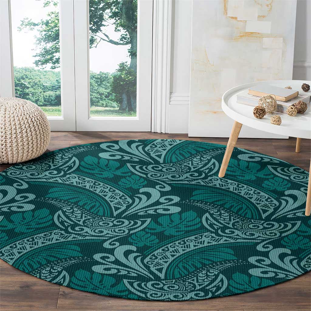 Teal Monstera Round Carpet Polynesian Tribal Pattern - Polynesian Pride
