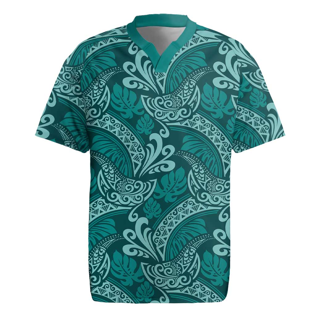 Teal Monstera Rugby Jersey Polynesian Tribal Pattern - Polynesian Pride