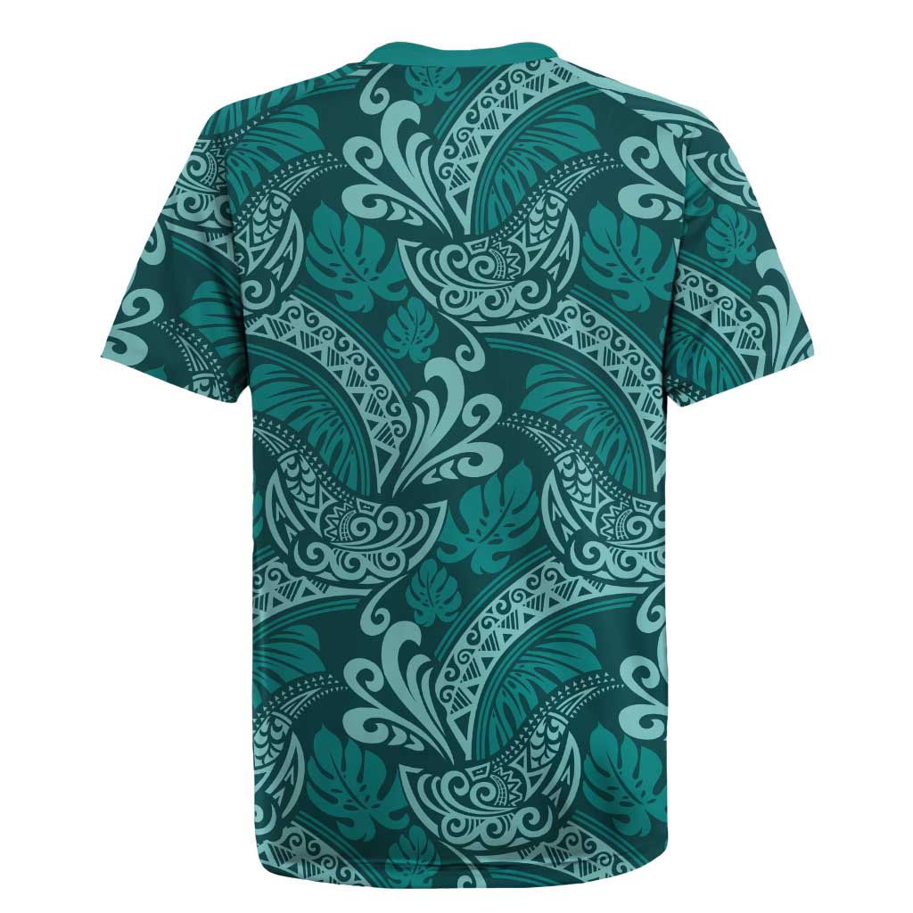 Teal Monstera Rugby Jersey Polynesian Tribal Pattern - Polynesian Pride