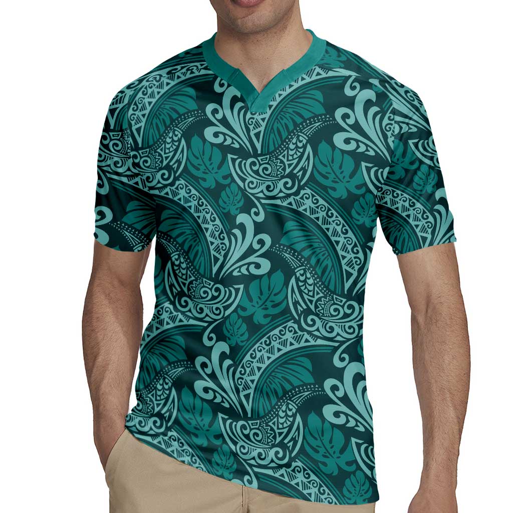 Teal Monstera Rugby Jersey Polynesian Tribal Pattern - Polynesian Pride
