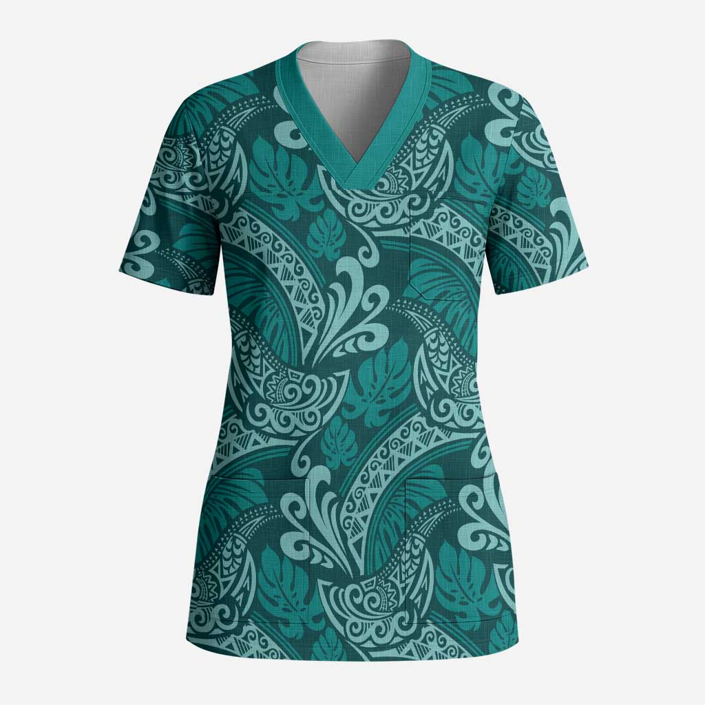Teal Monstera Scrub Top - Polynesian Tribal Pattern LT01 Adult Teal - Polynesian Pride