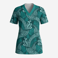 Teal Monstera Scrub Top - Polynesian Tribal Pattern LT01 Adult Teal - Polynesian Pride