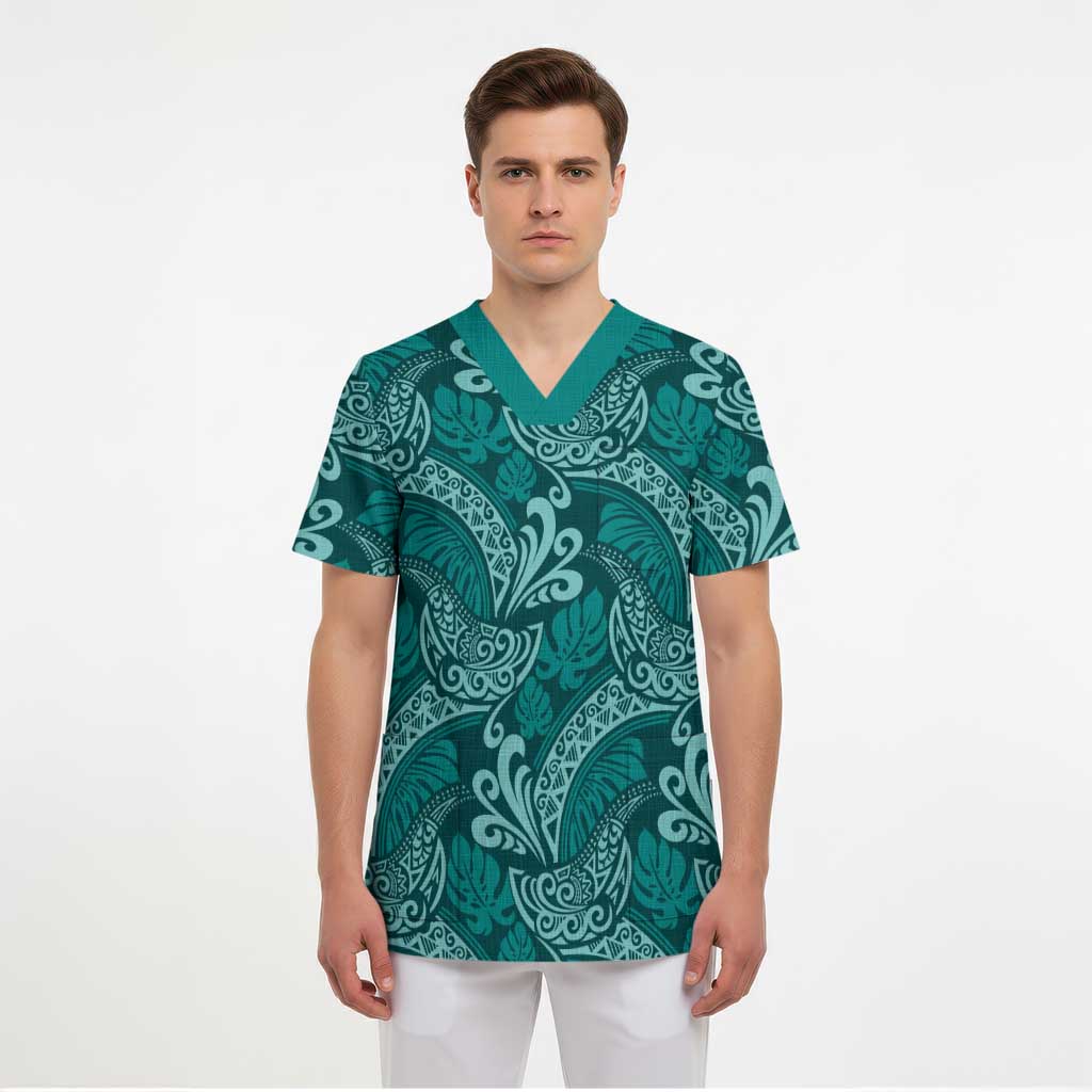 Teal Monstera Scrub Top - Polynesian Tribal Pattern LT01 - Polynesian Pride