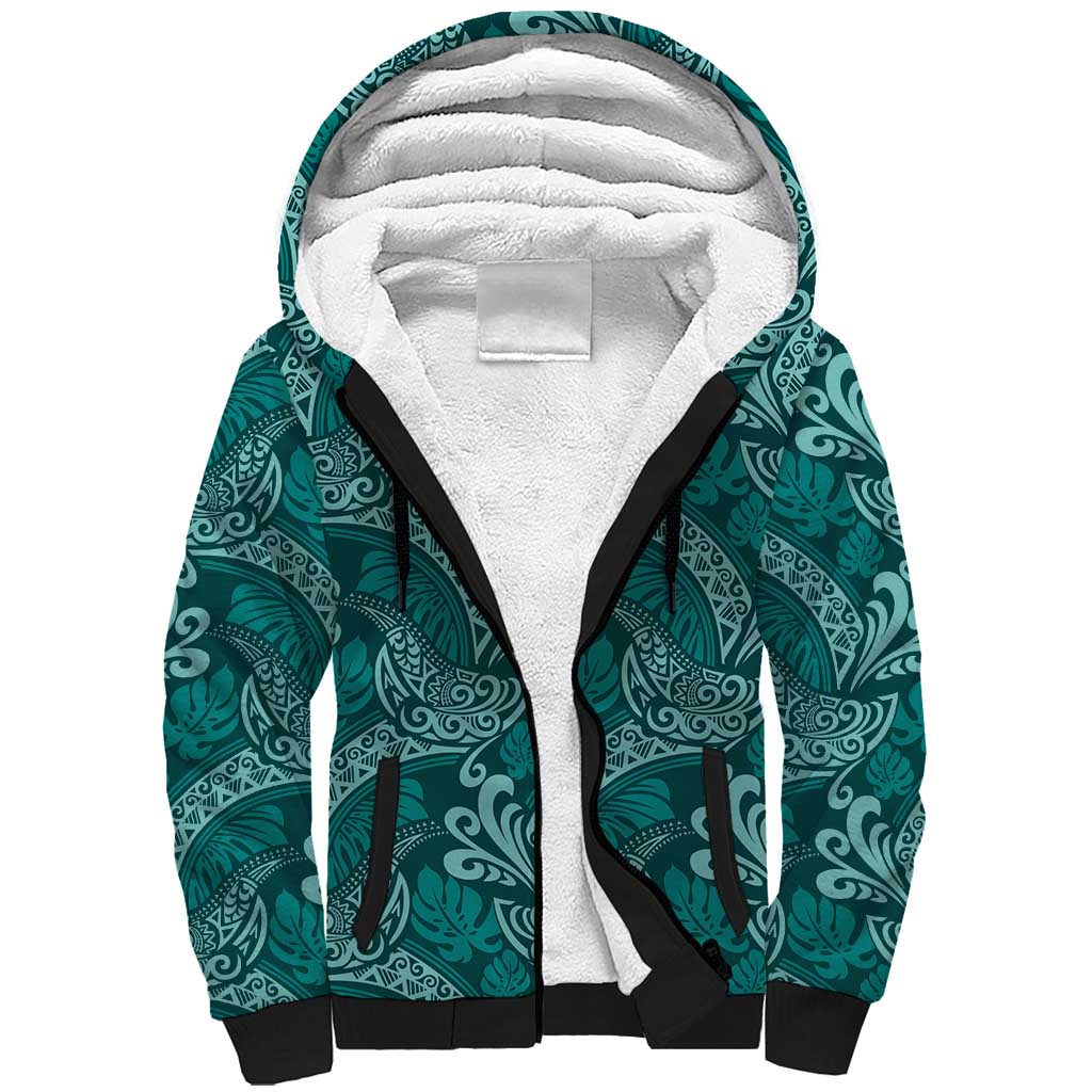 Teal Monstera Sherpa Hoodie Polynesian Tribal Pattern - Polynesian Pride