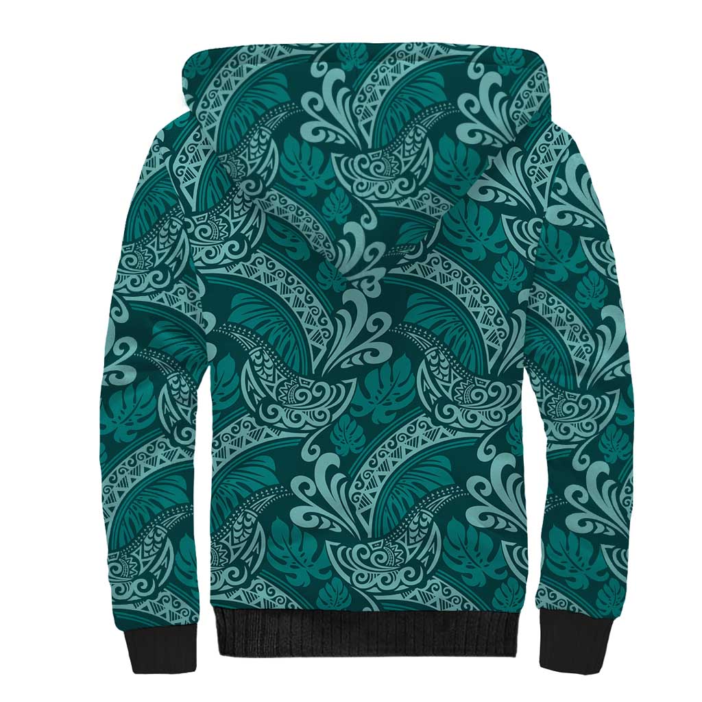 Teal Monstera Sherpa Hoodie Polynesian Tribal Pattern - Polynesian Pride