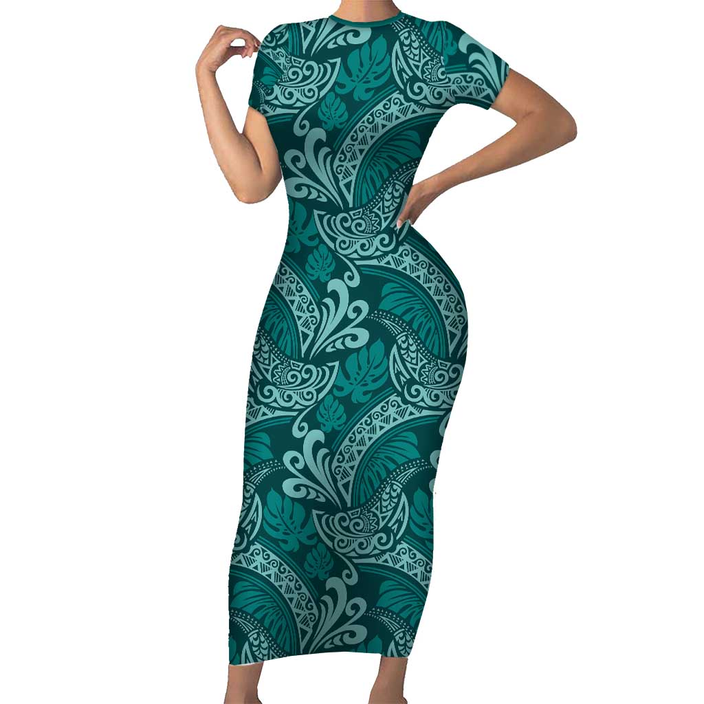 Teal Monstera Short Sleeve Bodycon Dress Polynesian Tribal Pattern LT01 Long Dress Teal - Polynesian Pride