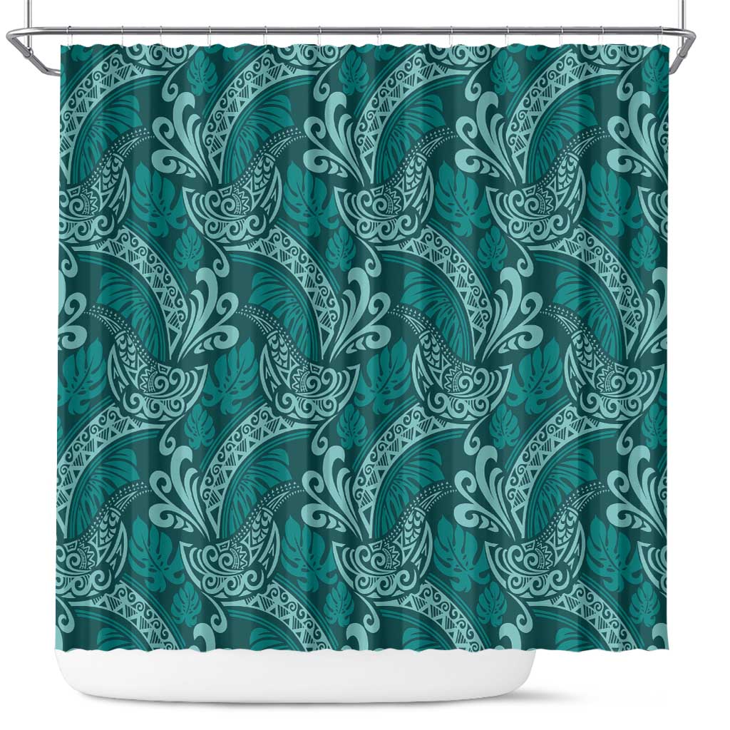 Teal Monstera Shower Curtain Polynesian Tribal Pattern - Polynesian Pride