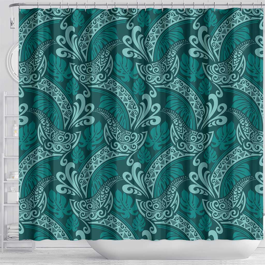 Teal Monstera Shower Curtain Polynesian Tribal Pattern - Polynesian Pride
