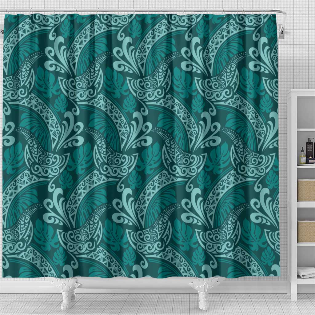 Teal Monstera Shower Curtain Polynesian Tribal Pattern - Polynesian Pride