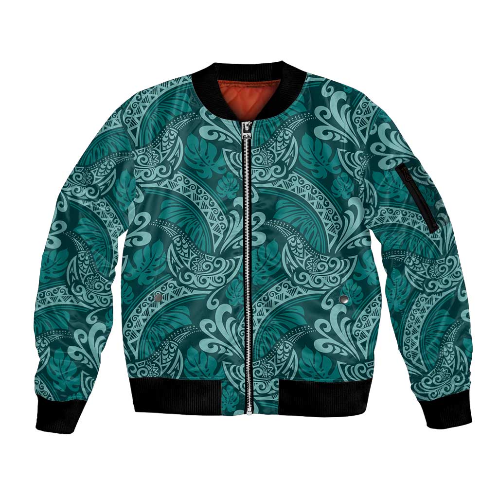 Teal Monstera Sleeve Zip Bomber Jacket Polynesian Tribal Pattern - Polynesian Pride