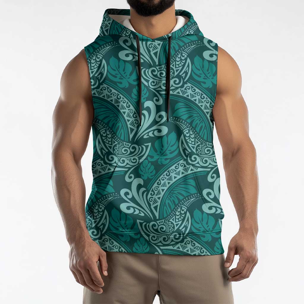 Teal Monstera Sleeveless Hoodie Polynesian Tribal Pattern LT01 - Polynesian Pride