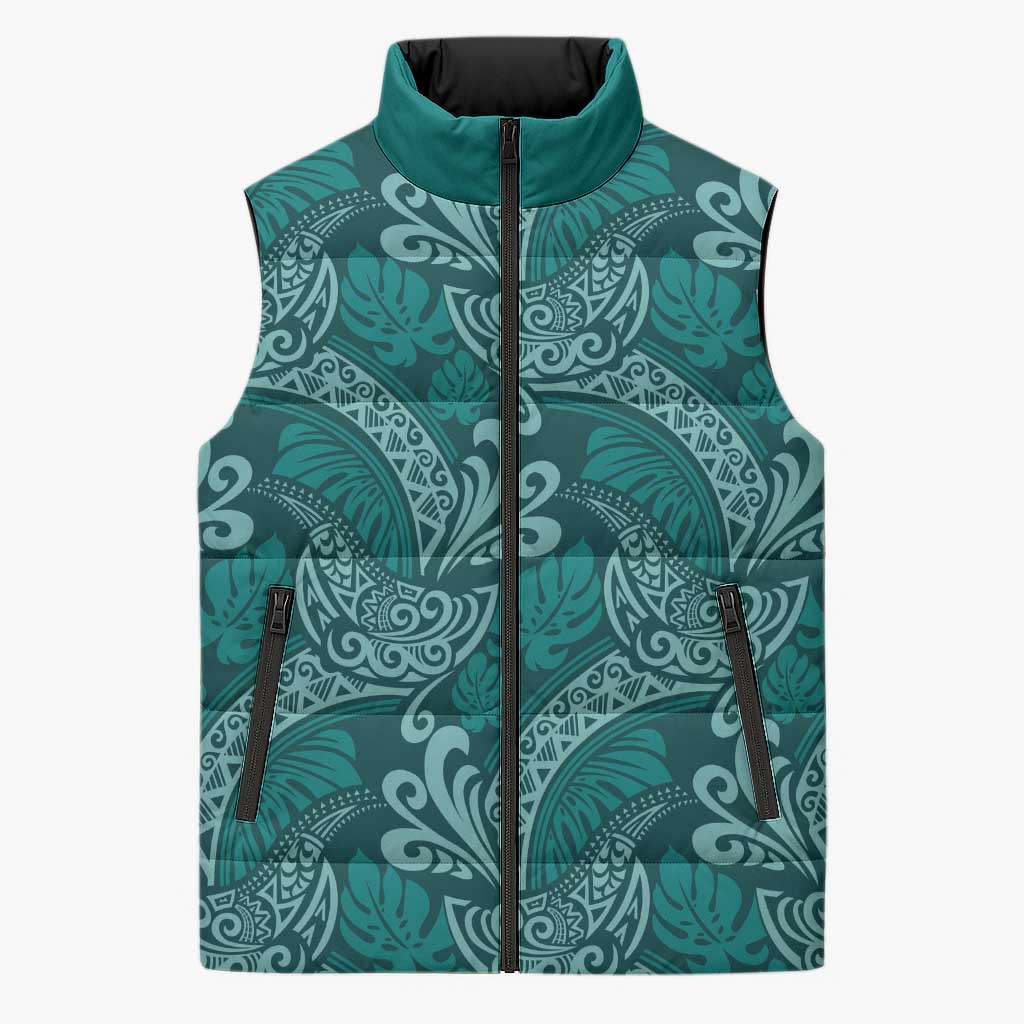 Teal Monstera Sleeveless Puffer Jacket Polynesian Tribal Pattern LT01 Unisex Teal - Polynesian Pride