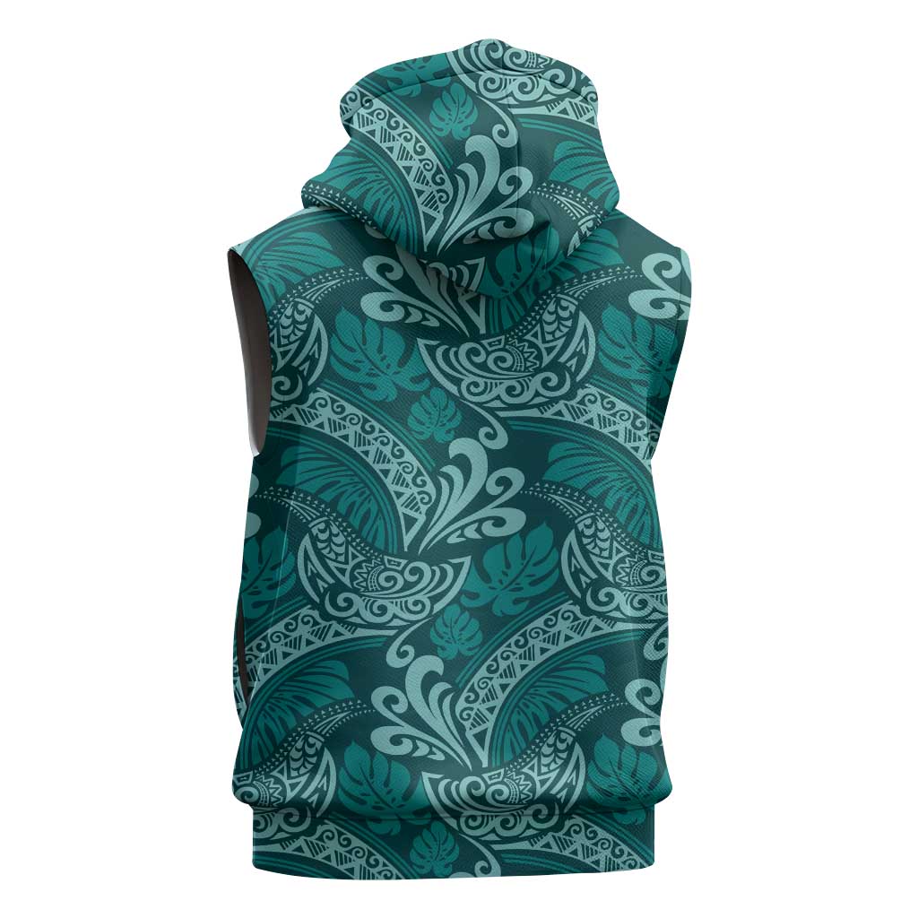 Teal Monstera Sleeveless Zip Hoodie Polynesian Tribal Pattern LT01 - Polynesian Pride