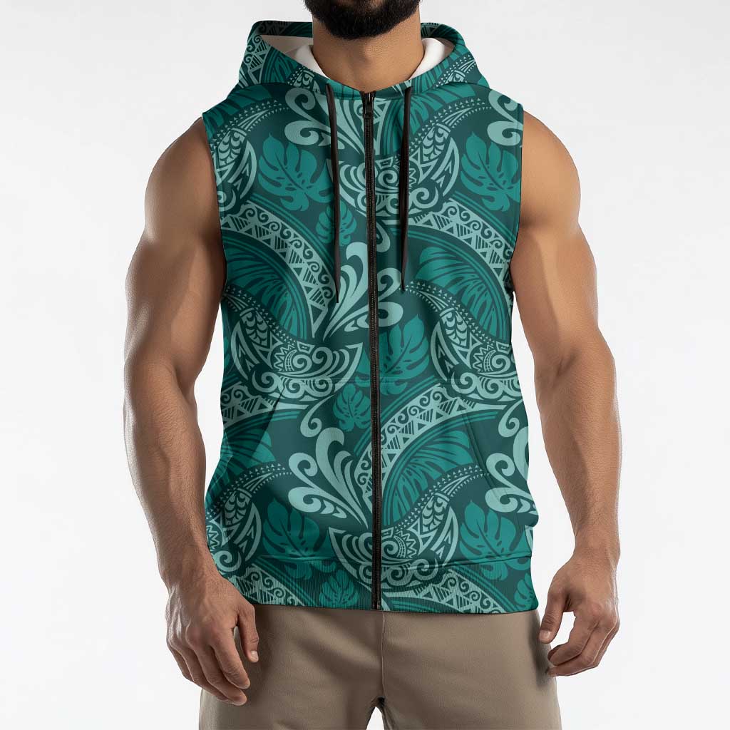 Teal Monstera Sleeveless Zip Hoodie Polynesian Tribal Pattern LT01 - Polynesian Pride