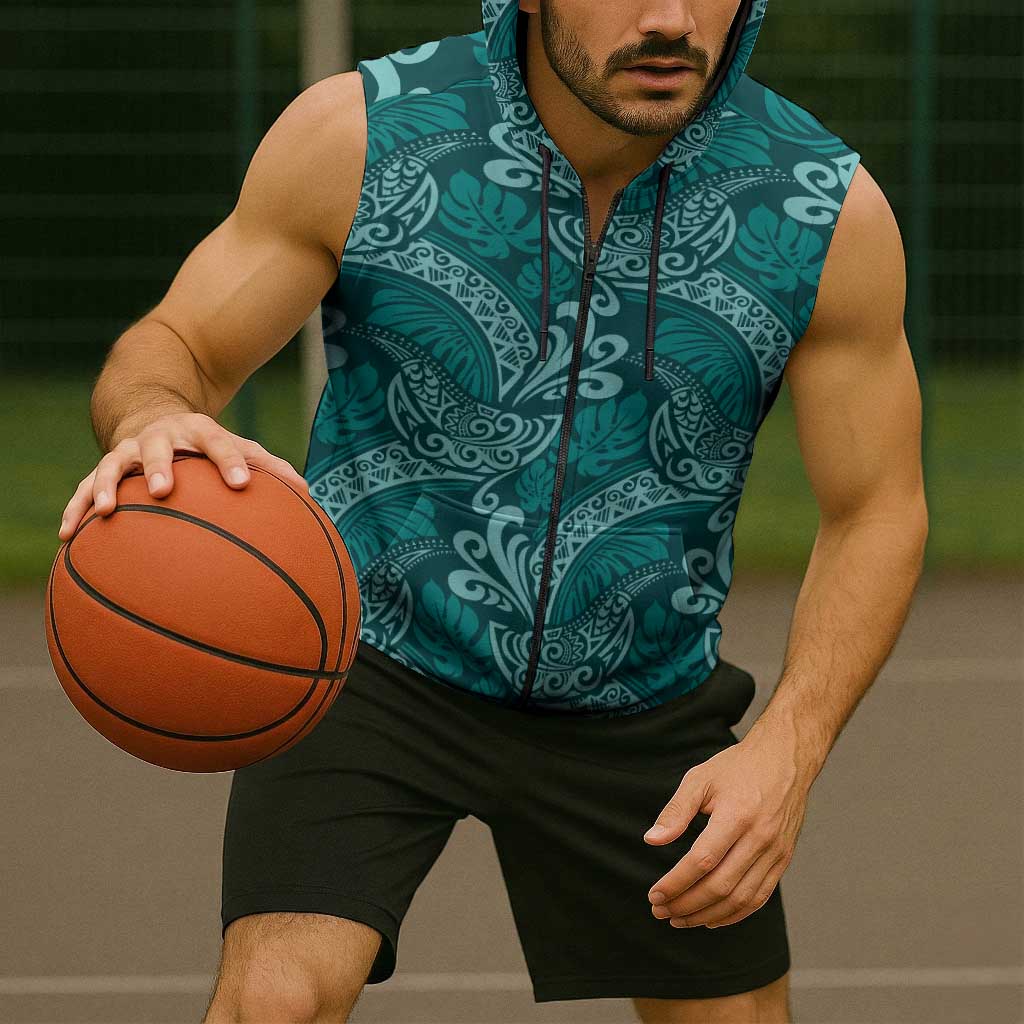 Teal Monstera Sleeveless Zip Hoodie Polynesian Tribal Pattern LT01 - Polynesian Pride