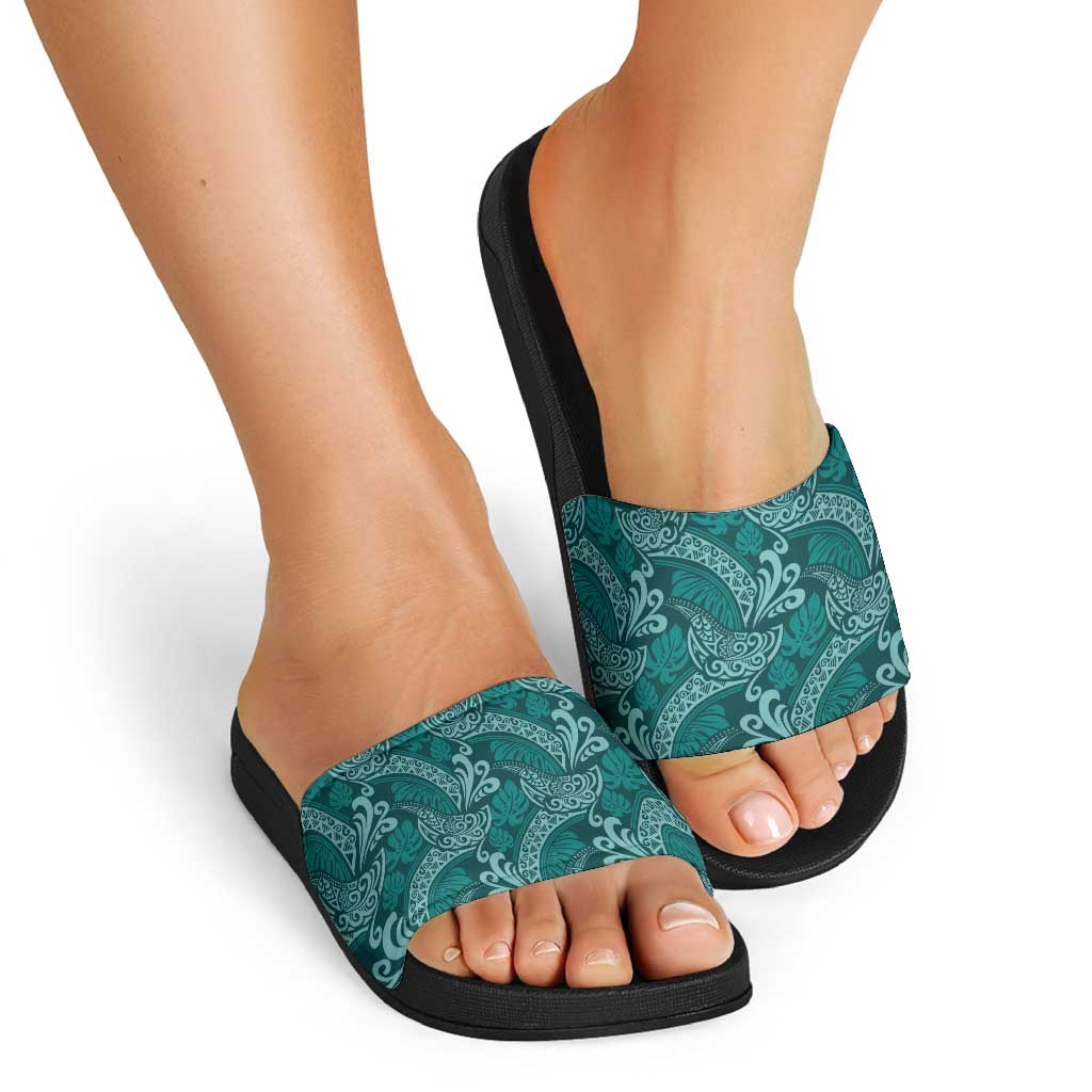Teal Monstera Slide Sandals Polynesian Tribal Pattern - Polynesian Pride