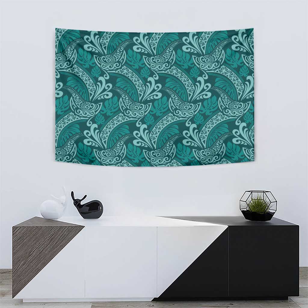 Teal Monstera Tapestry Polynesian Tribal Pattern - Polynesian Pride