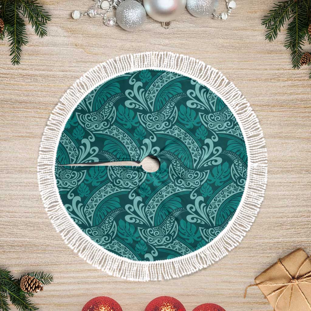 Teal Monstera Tree Skirt Polynesian Tribal Pattern LT01 Fringed Teal - Polynesian Pride