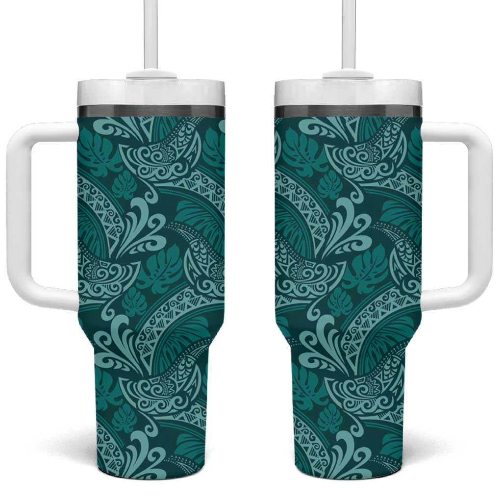 Teal Monstera Tumbler With Handle Polynesian Tribal Pattern - Polynesian Pride
