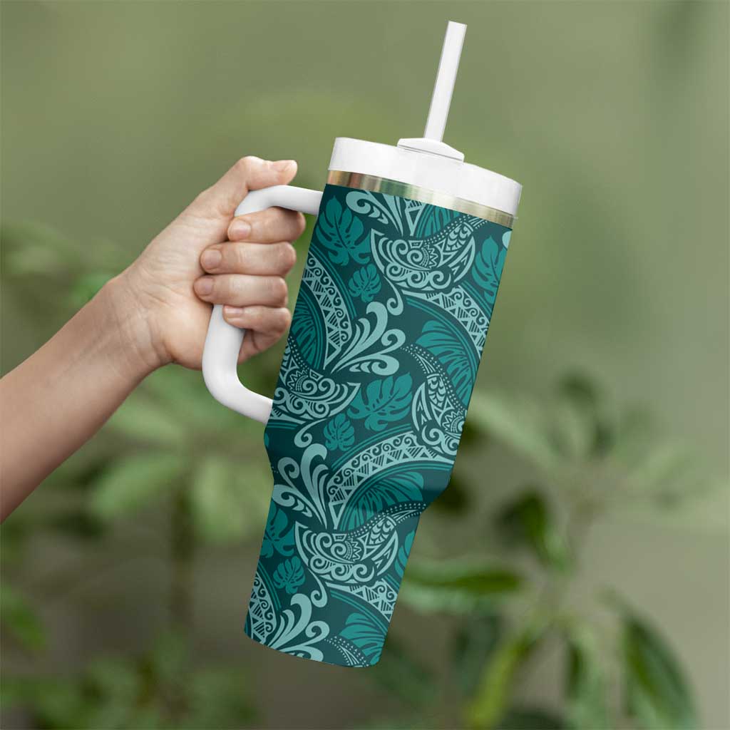 Teal Monstera Tumbler With Handle Polynesian Tribal Pattern - Polynesian Pride