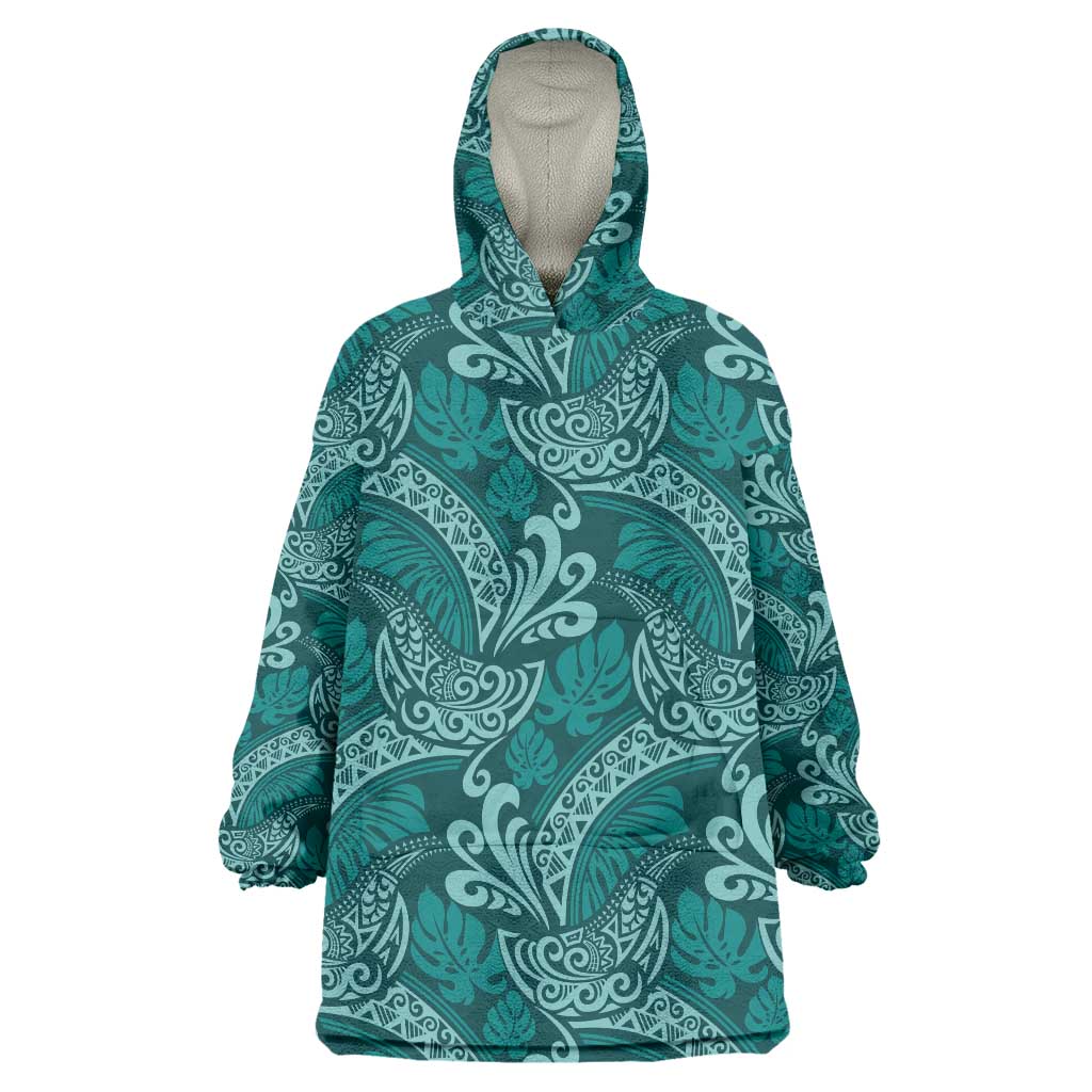 Teal Monstera Wearable Blanket Hoodie Polynesian Tribal Pattern LT01 One Size Teal - Polynesian Pride