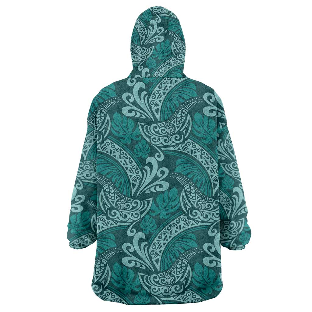 Teal Monstera Wearable Blanket Hoodie Polynesian Tribal Pattern LT01 - Polynesian Pride