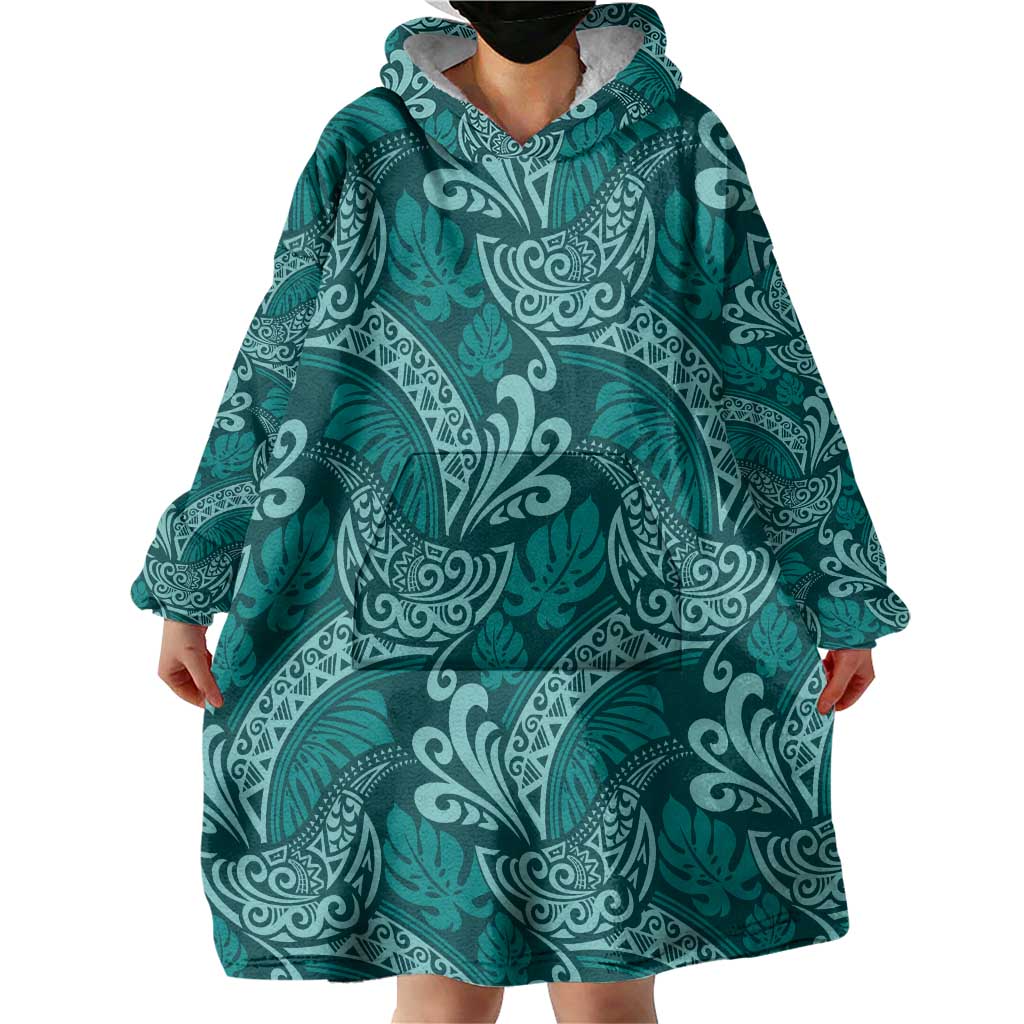 Teal Monstera Wearable Blanket Hoodie Polynesian Tribal Pattern LT01 - Polynesian Pride