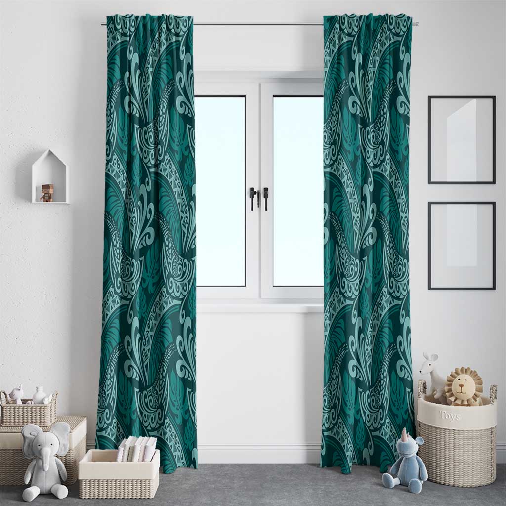 Teal Monstera Window Curtain Polynesian Tribal Pattern - Polynesian Pride