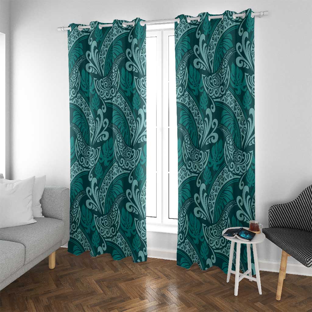 Teal Monstera Window Curtain Polynesian Tribal Pattern - Polynesian Pride
