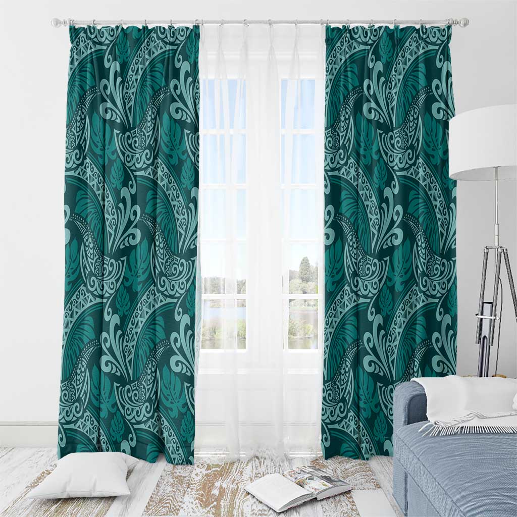 Teal Monstera Window Curtain Polynesian Tribal Pattern - Polynesian Pride