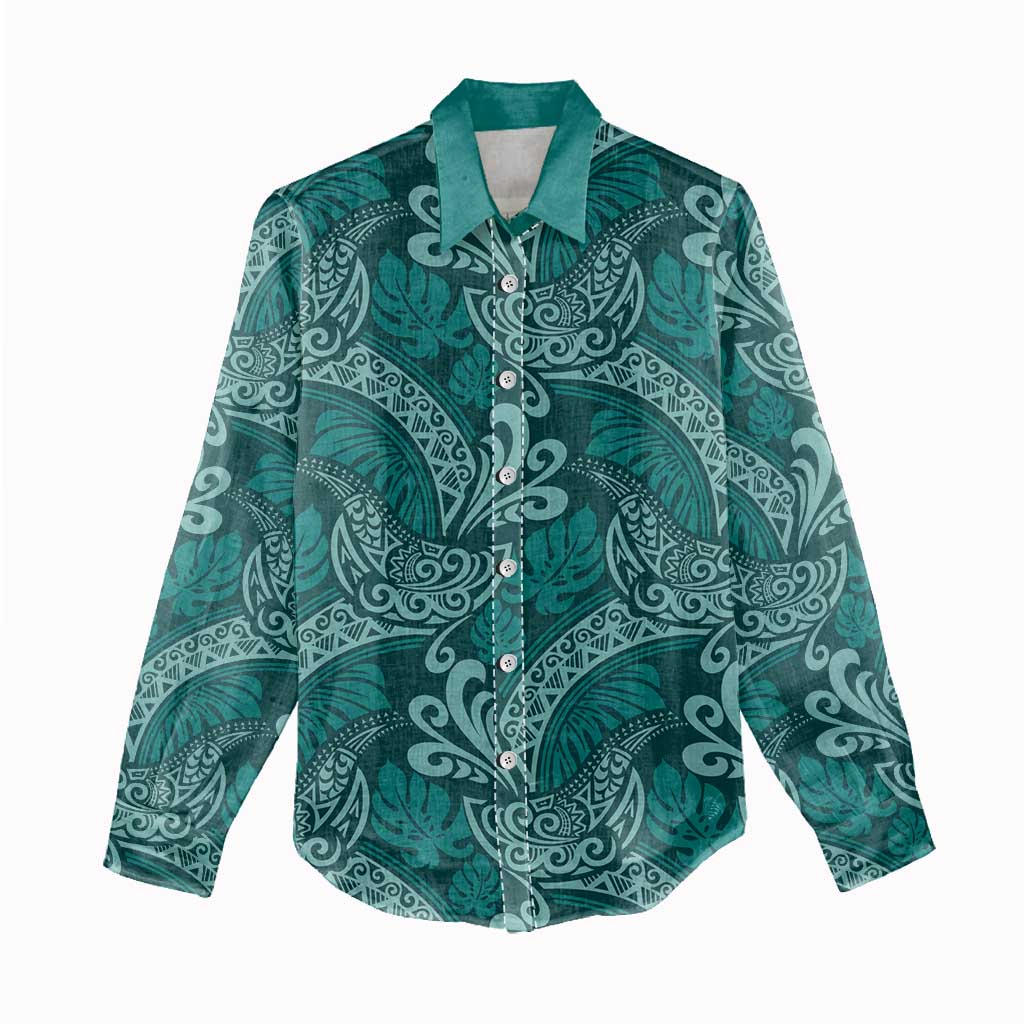 Teal Monstera Women Casual Shirt Polynesian Tribal Pattern - Polynesian Pride