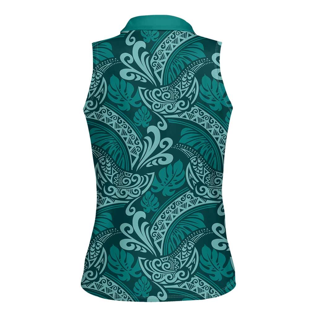 Teal Monstera Women Sleeveless Polo Shirt Polynesian Tribal Pattern LT01 - Polynesian Pride
