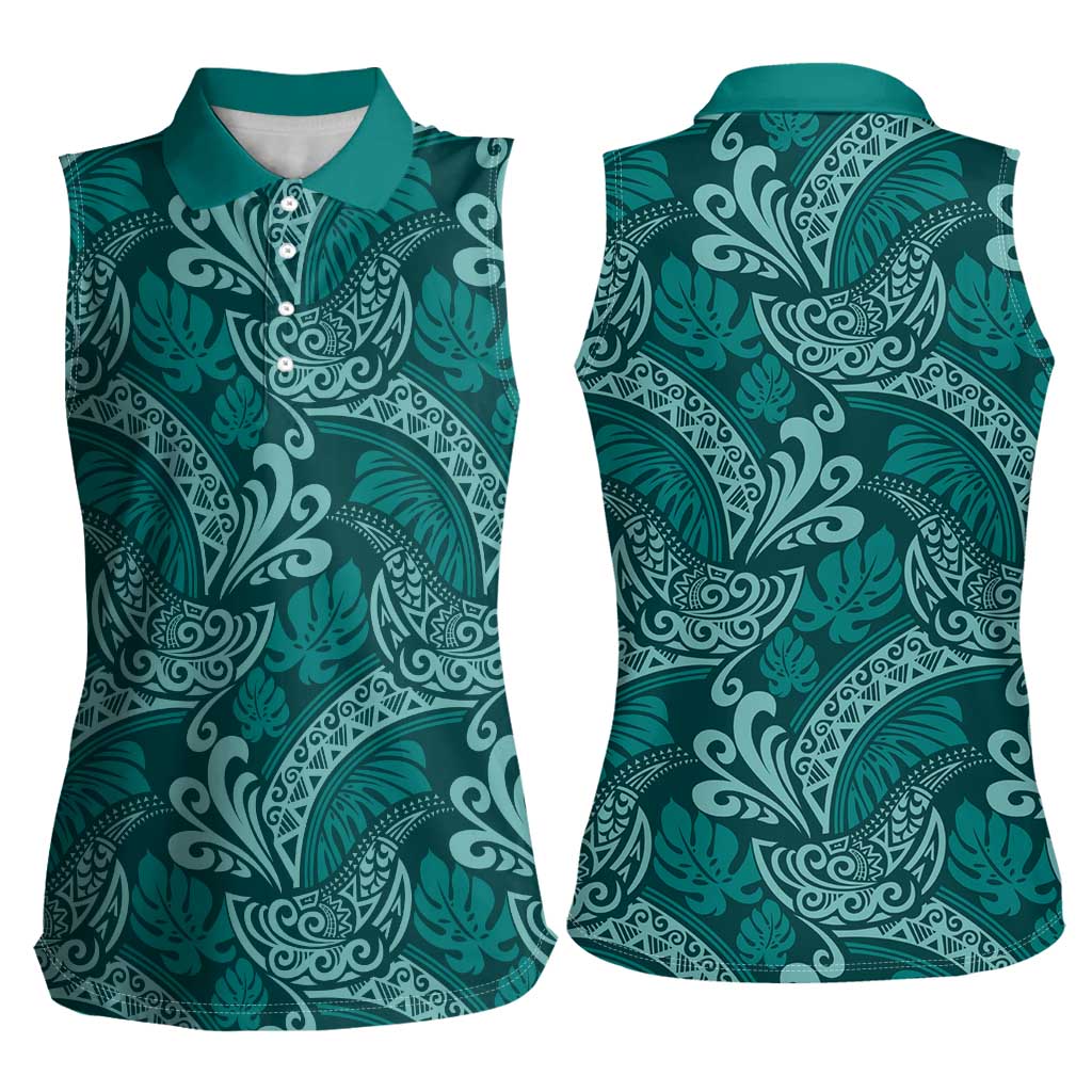 Teal Monstera Women Sleeveless Polo Shirt Polynesian Tribal Pattern LT01 - Polynesian Pride