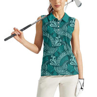Teal Monstera Women Sleeveless Polo Shirt Polynesian Tribal Pattern LT01 - Polynesian Pride