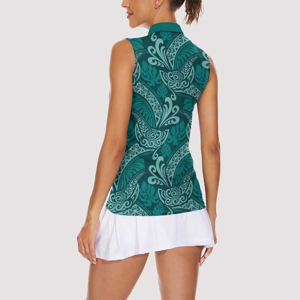 Teal Monstera Women Sleeveless Polo Shirt Polynesian Tribal Pattern LT01 - Polynesian Pride