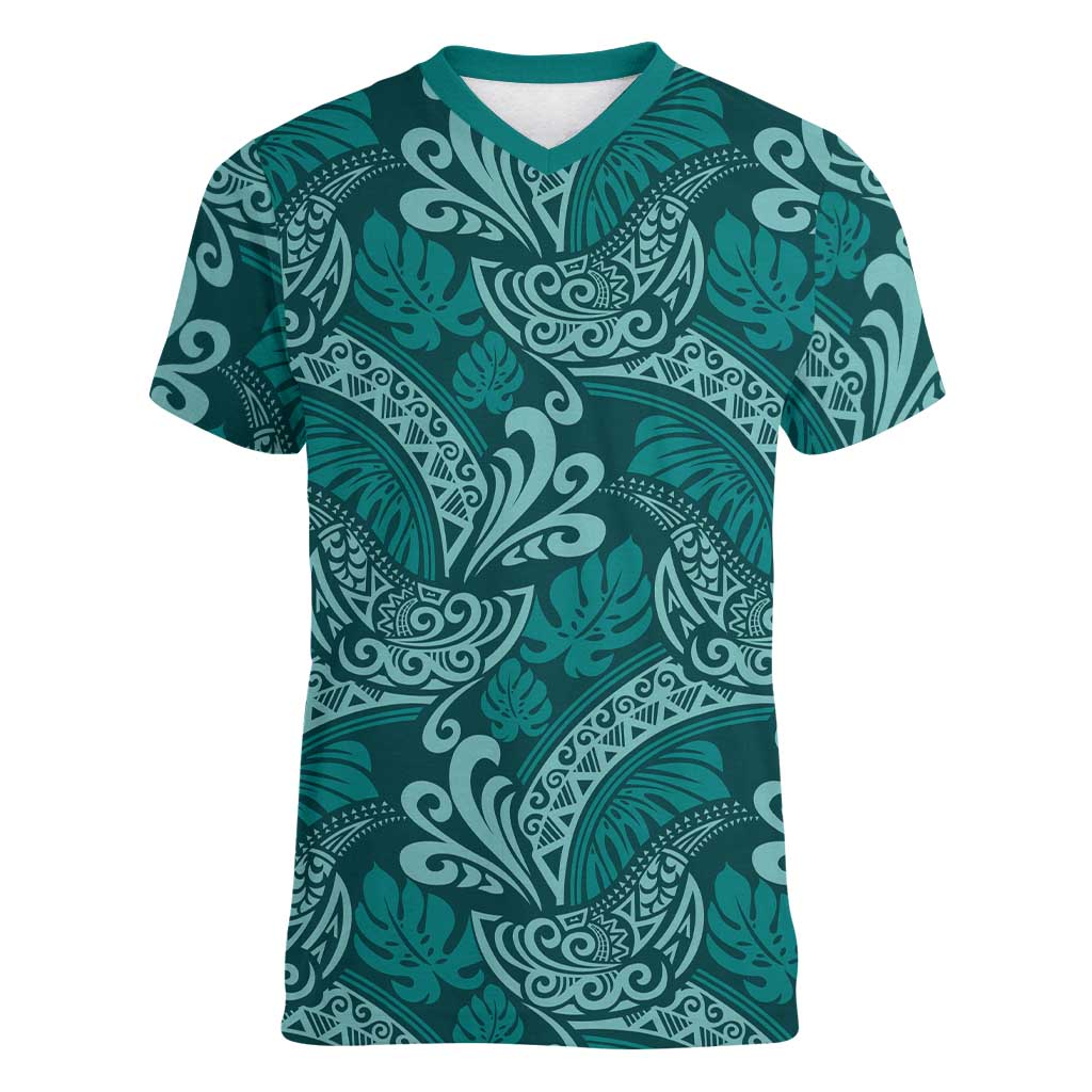 Teal Monstera Women V-Neck T-Shirt Polynesian Tribal Pattern LT01 Female Teal - Polynesian Pride