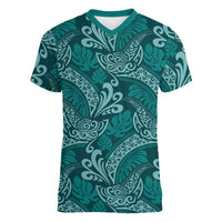 Teal Monstera Women V-Neck T-Shirt Polynesian Tribal Pattern LT01 Female Teal - Polynesian Pride
