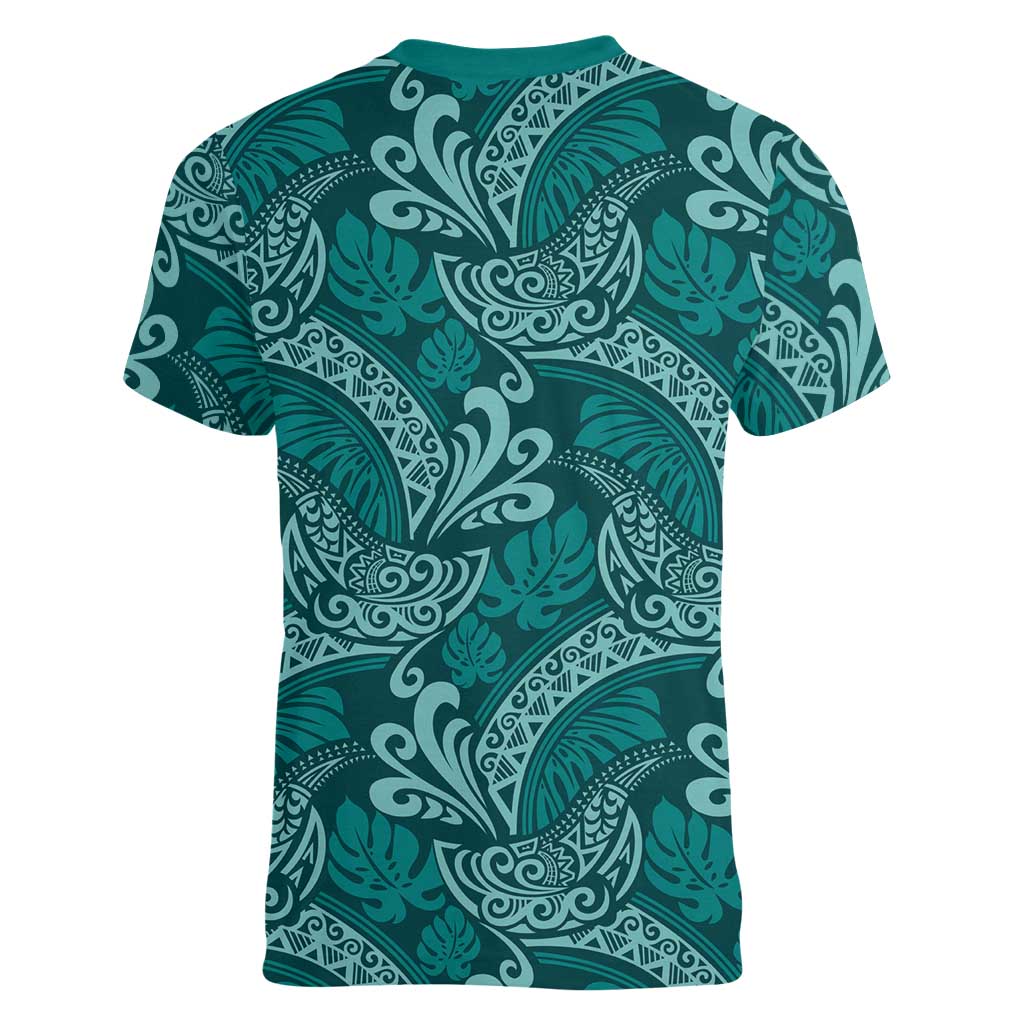 Teal Monstera Women V-Neck T-Shirt Polynesian Tribal Pattern LT01 - Polynesian Pride