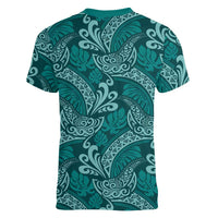 Teal Monstera Women V-Neck T-Shirt Polynesian Tribal Pattern LT01 - Polynesian Pride