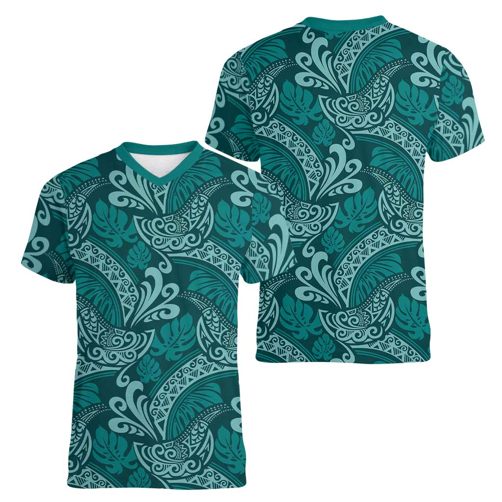 Teal Monstera Women V-Neck T-Shirt Polynesian Tribal Pattern LT01 - Polynesian Pride
