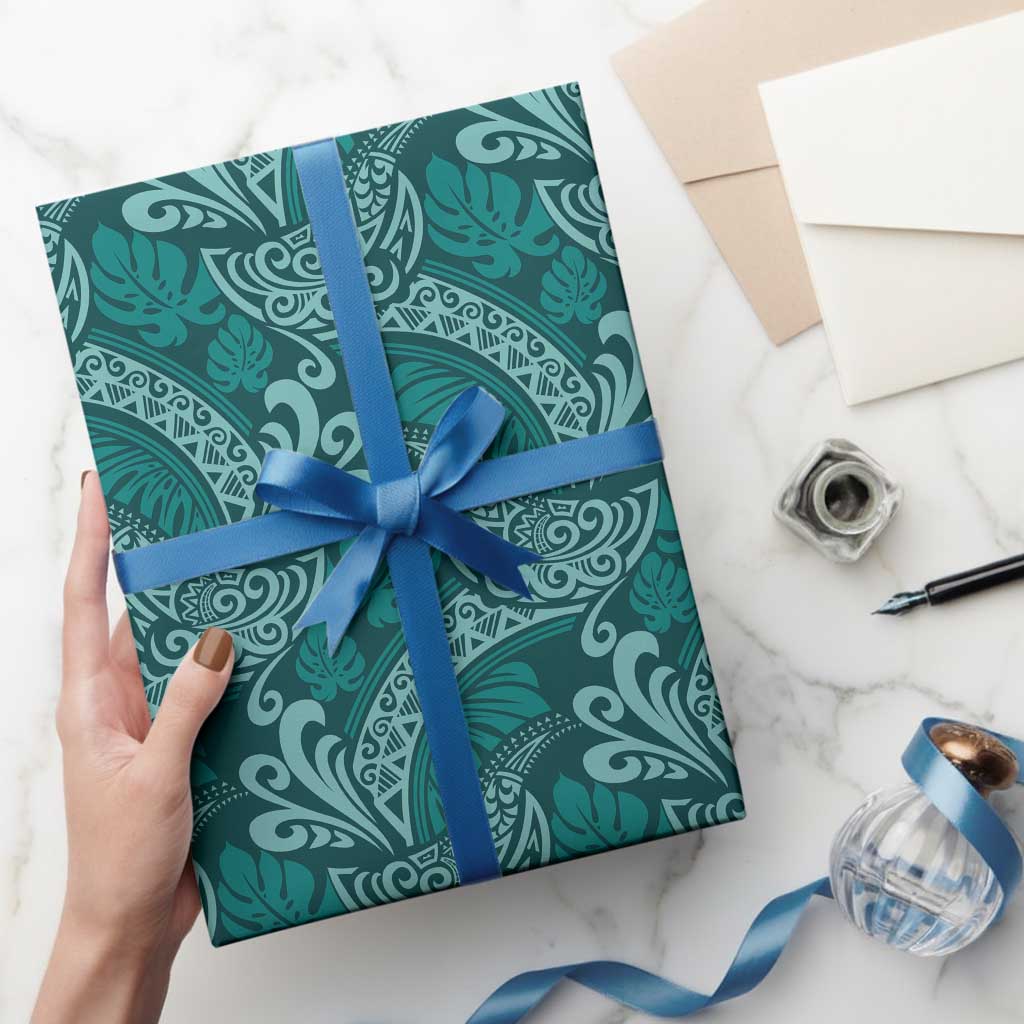 Teal Monstera Wrapping Paper Polynesian Tribal Pattern LT01 - Polynesian Pride
