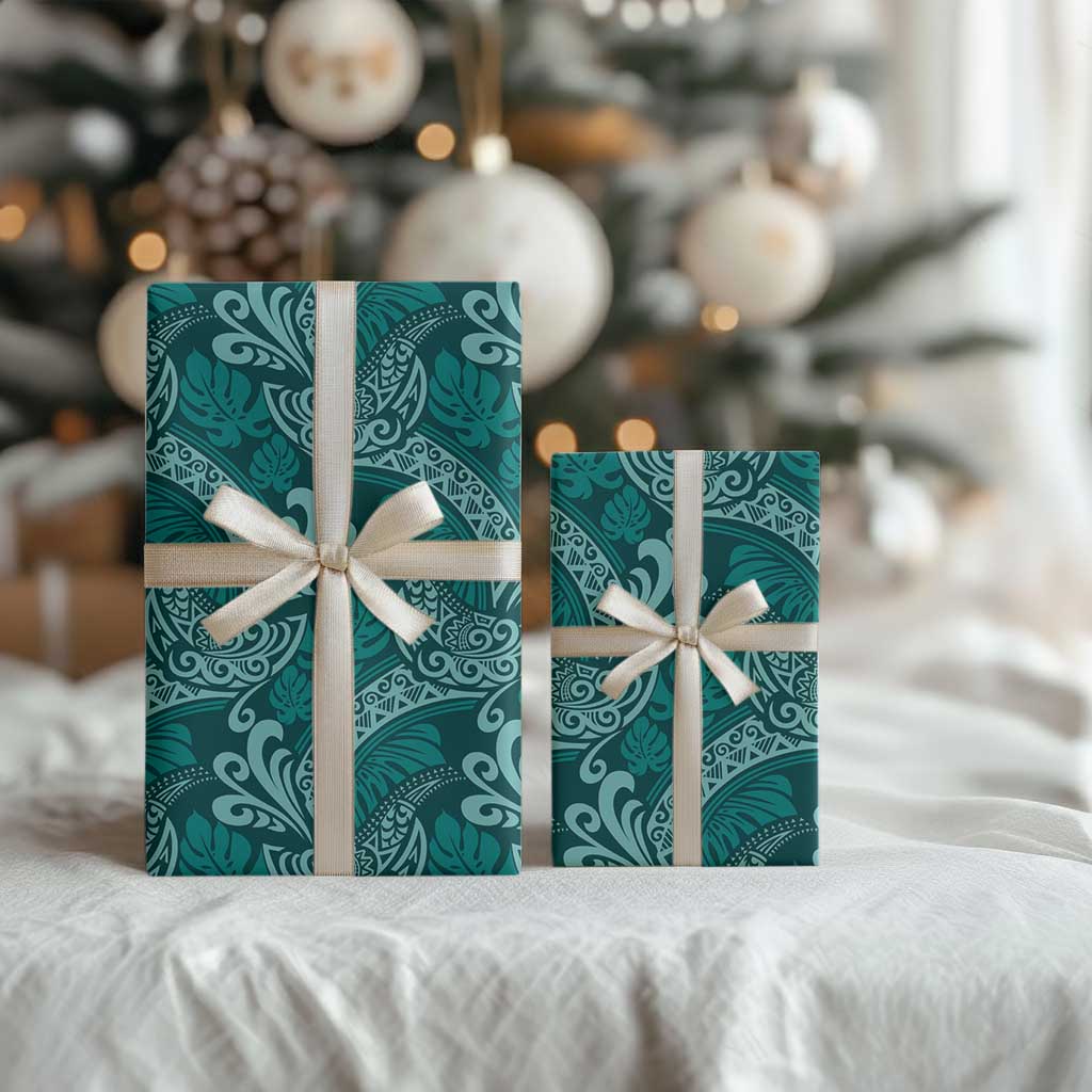 Teal Monstera Wrapping Paper Polynesian Tribal Pattern LT01 - Polynesian Pride