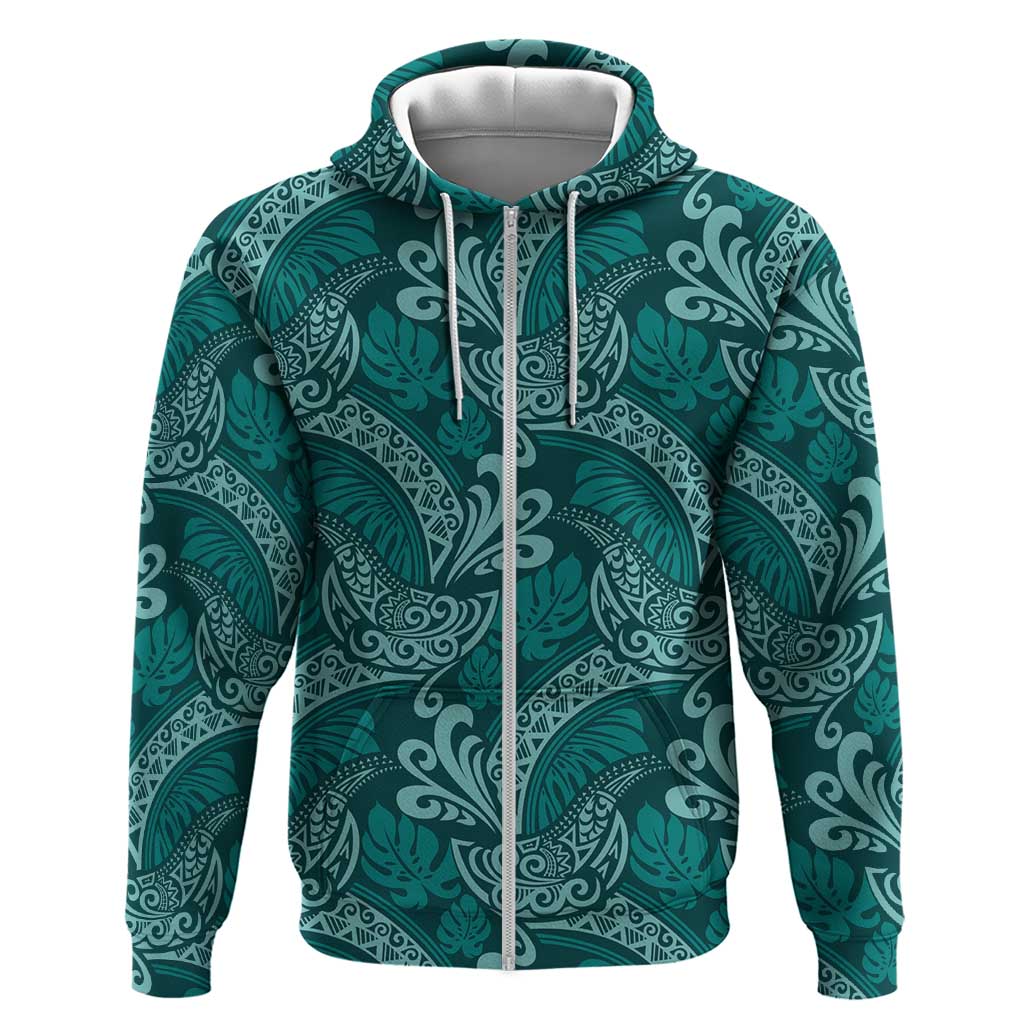 Teal Monstera Zip Hoodie Polynesian Tribal Pattern LT01 Zip Hoodie Teal - Polynesian Pride