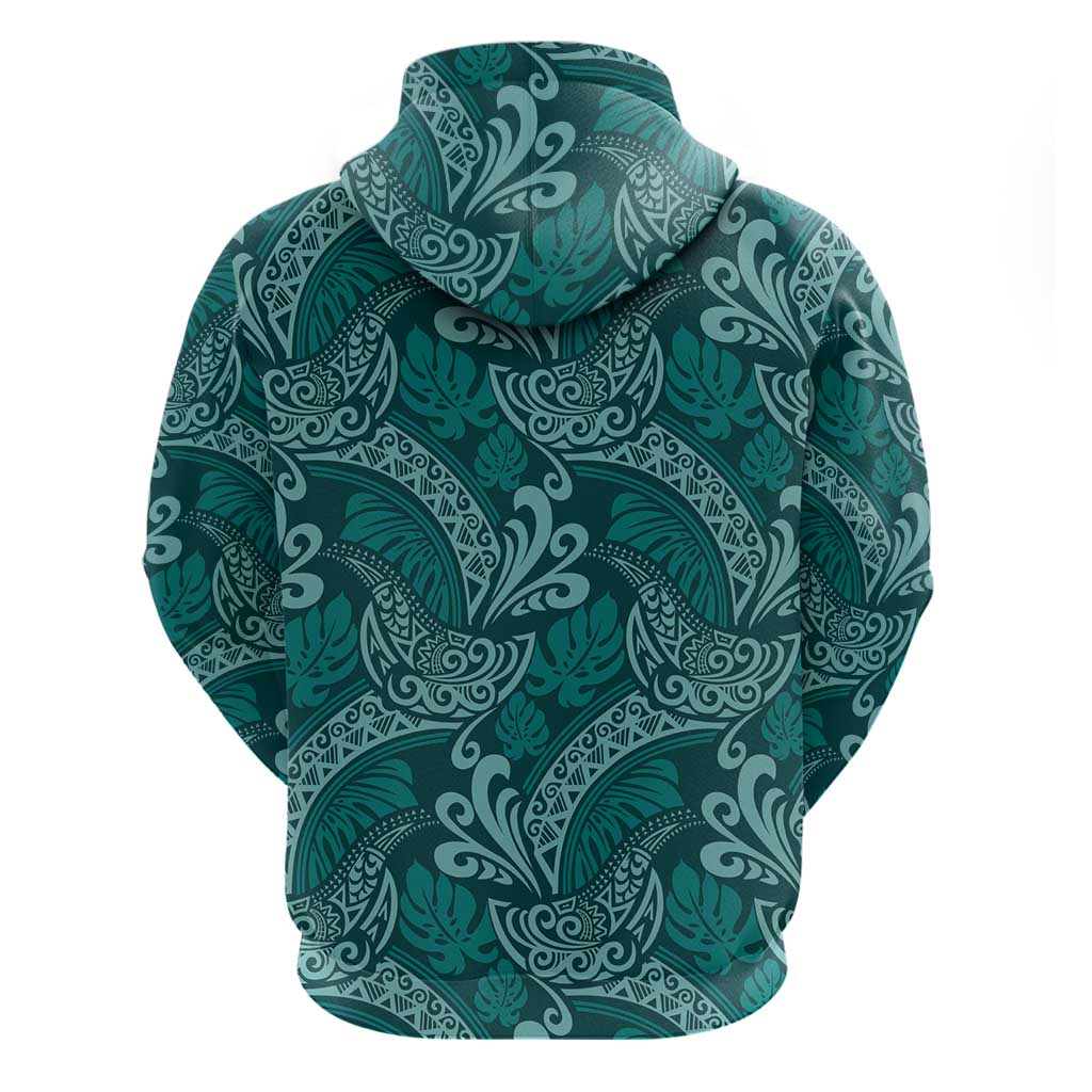 Teal Monstera Zip Hoodie Polynesian Tribal Pattern LT01 - Polynesian Pride