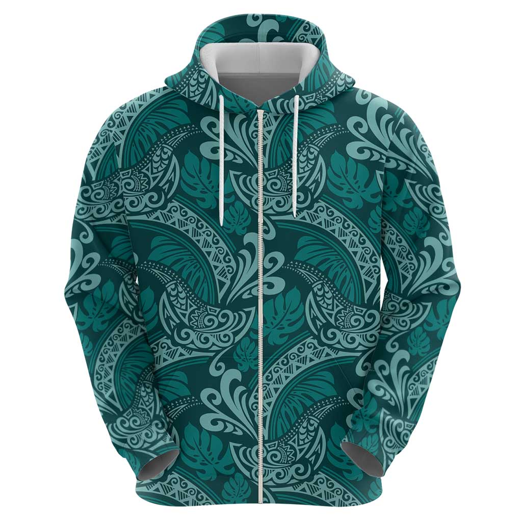 Teal Monstera Zip Hoodie Polynesian Tribal Pattern LT01 - Polynesian Pride