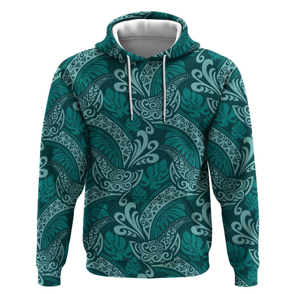 Teal Monstera Zip Hoodie Polynesian Tribal Pattern LT01 Pullover Hoodie Teal - Polynesian Pride