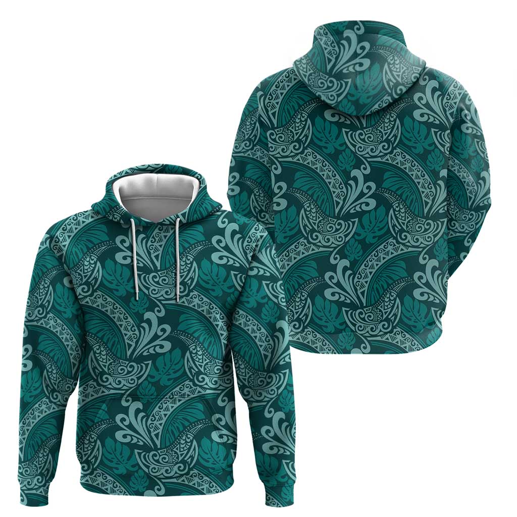 Teal Monstera Zip Hoodie Polynesian Tribal Pattern LT01 - Polynesian Pride
