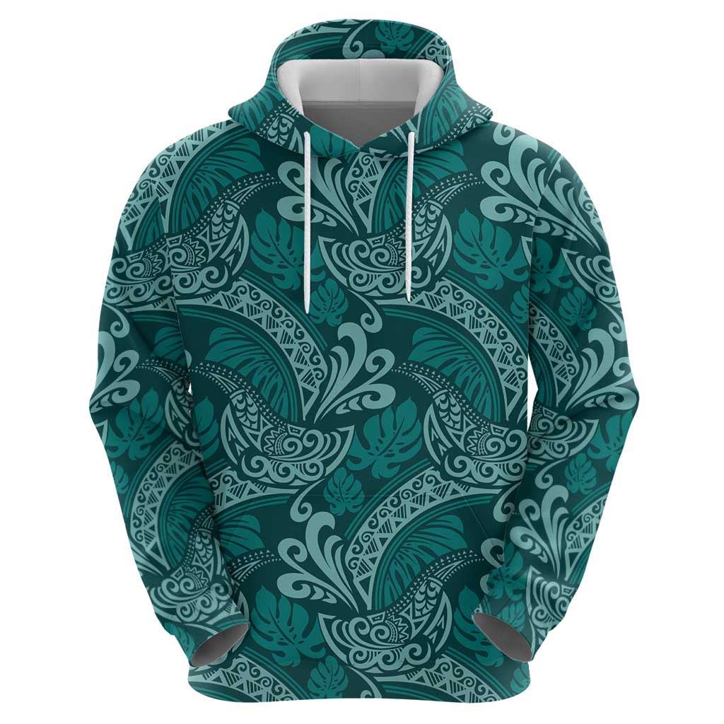 Teal Monstera Zip Hoodie Polynesian Tribal Pattern LT01 - Polynesian Pride