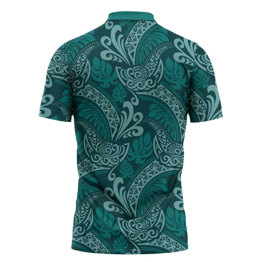 Teal Monstera Zipper Polo Shirt Polynesian Tribal Pattern LT01 - Polynesian Pride