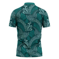 Teal Monstera Zipper Polo Shirt Polynesian Tribal Pattern LT01 - Polynesian Pride